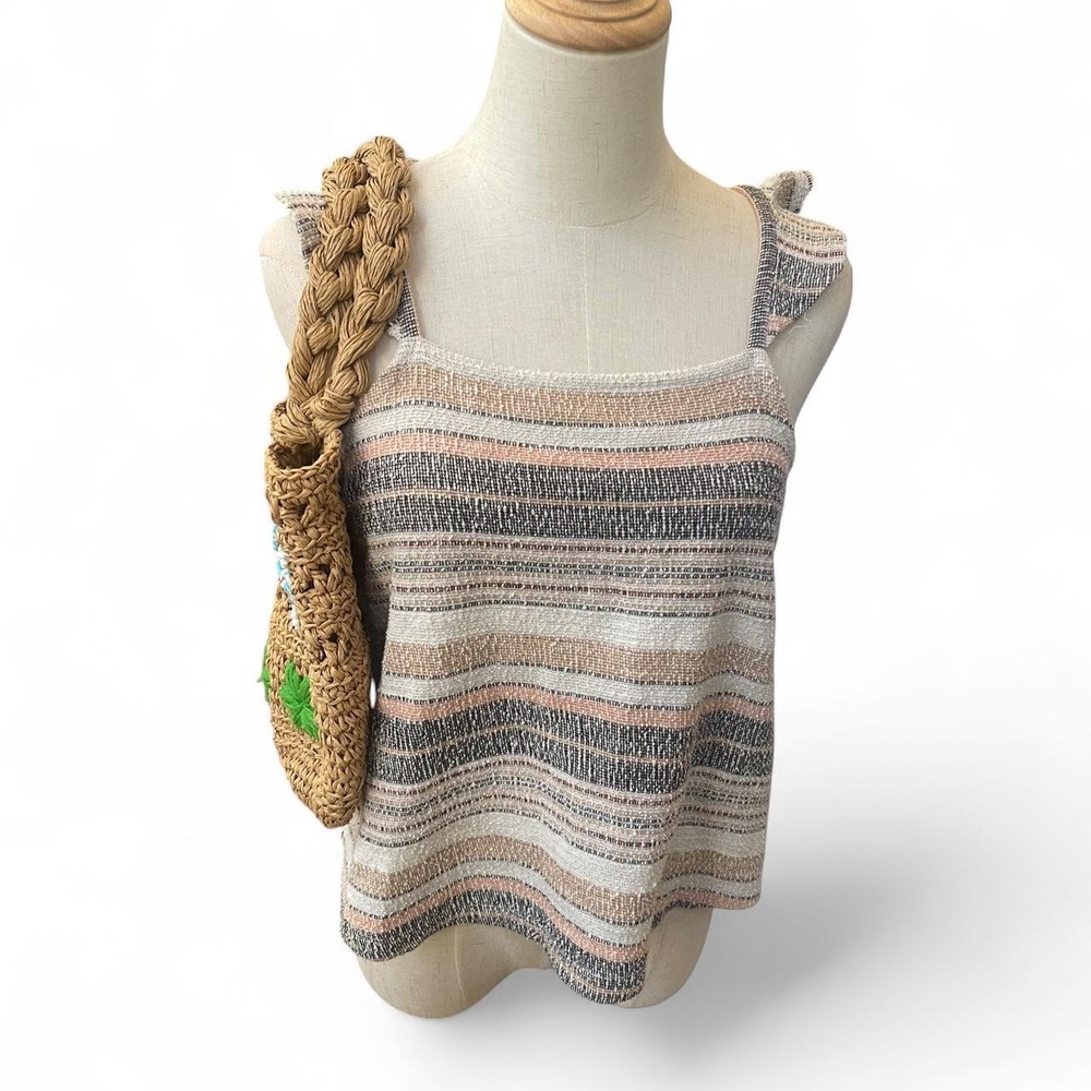 Madewell Striped‎ Ruffle Strap Cross Back Tank Top Multi Color Textured Knit M